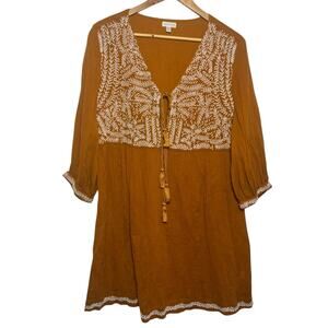 Garnet Hill 100% Organic Cotton Tie Neck Embroidered Cottage Core Peasant Dress